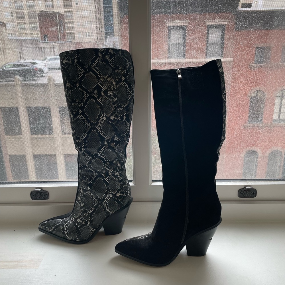 Faux suede/snake print knee high boots